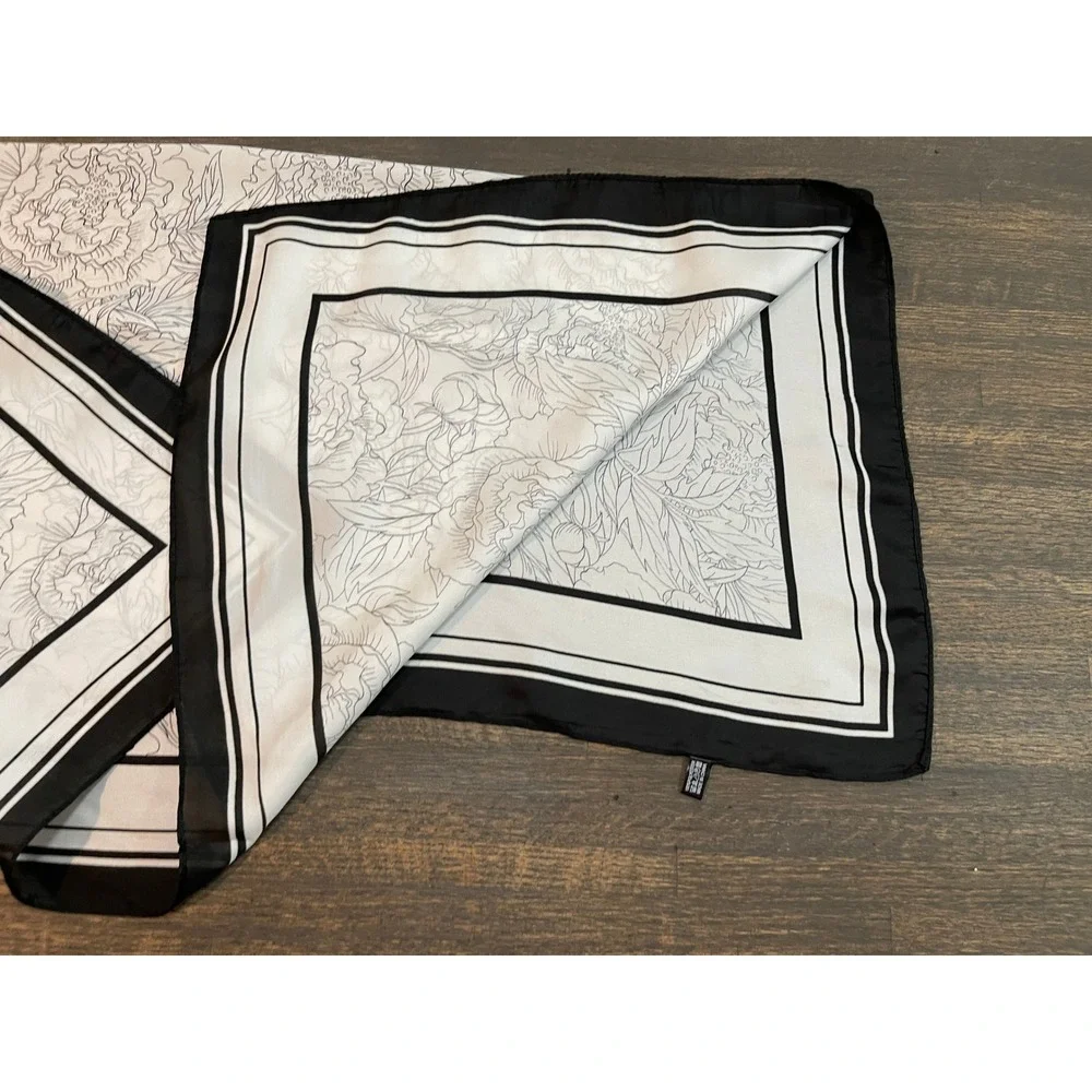 Black and White Peony Floral Square Scarf Line Art Print Striped Border 34x34